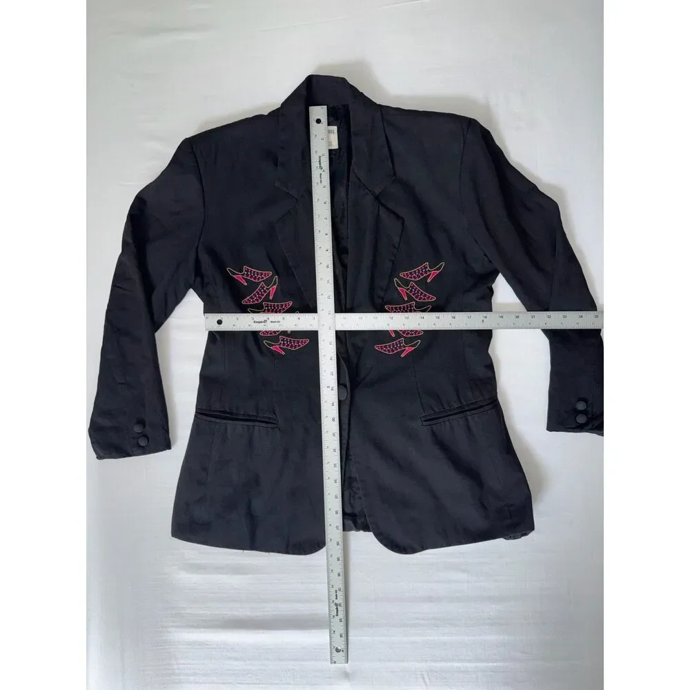 Vintage Black Blazer | Statement High-Heel Embroidery | Size Medium